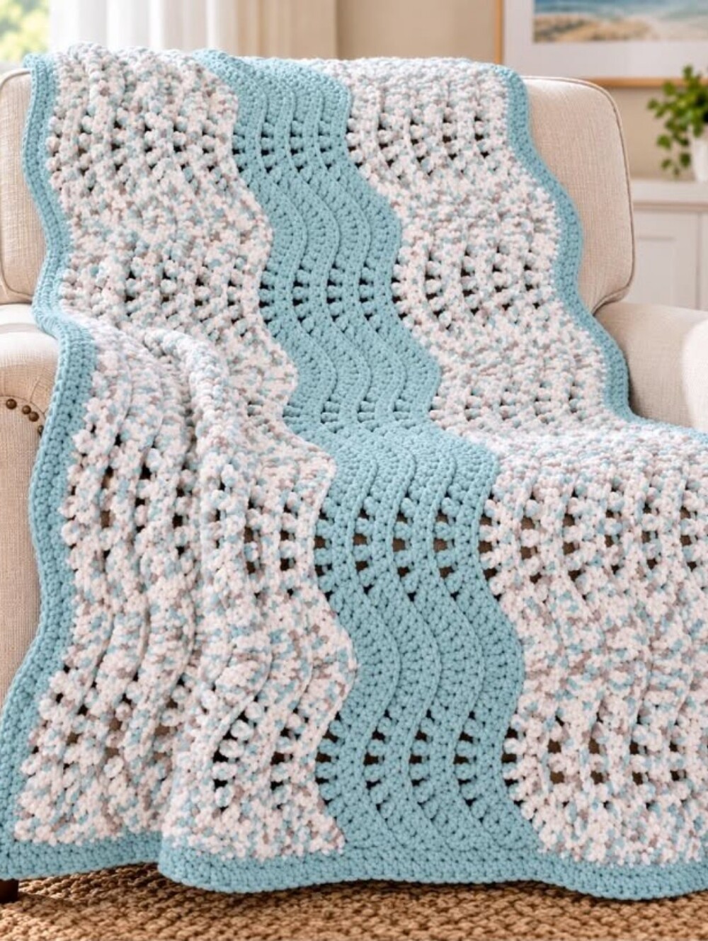 Handmade Crochet Ripple Wave Lap Blanket Aqua Blue White Throw 35x54